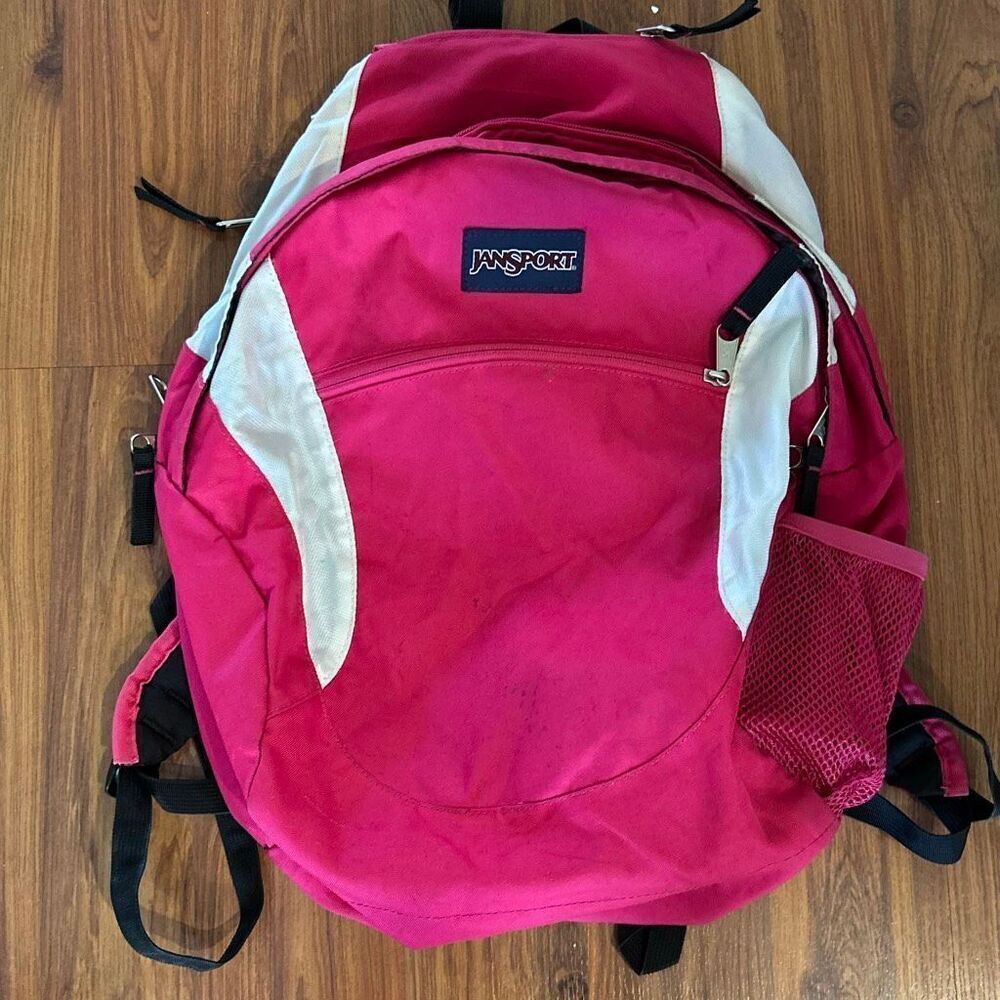 Jansport pink white black large backpack multi pocket